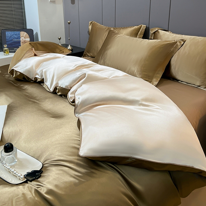 91家纺网 家纺一手货源 找家纺 合纵跨境工厂 新款水洗真丝纯色四件套跨境外贸JIT一件代发TEMU亚马逊希音包过核价冰丝床单款床笠款四件套 香槟拼米