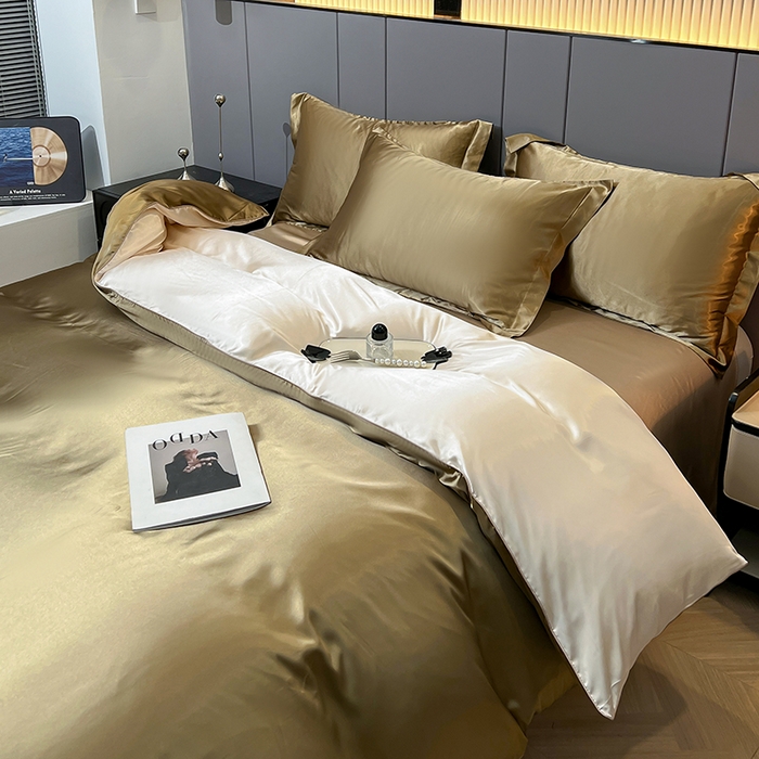 91家纺网 家纺一手货源 找家纺 合纵跨境工厂 新款水洗真丝纯色四件套跨境外贸JIT一件代发TEMU亚马逊希音包过核价冰丝床单款床笠款四件套 香槟拼米