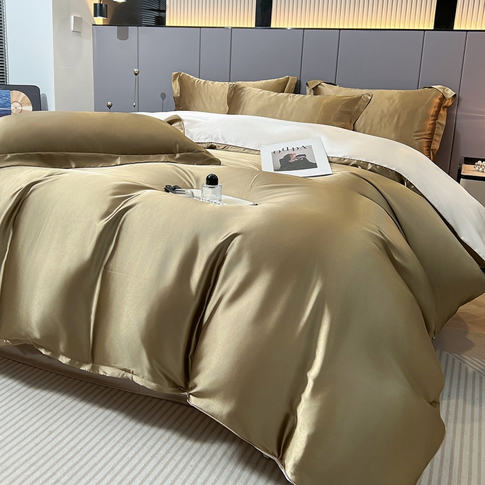 91家纺网 家纺一手货源 找家纺 合纵跨境工厂 新款水洗真丝纯色四件套跨境外贸JIT一件代发TEMU亚马逊希音包过核价冰丝床单款床笠款四件套 香槟拼米