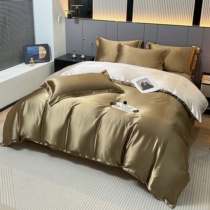 91家纺网 家纺一手货源 找家纺 合纵跨境工厂 新款水洗真丝纯色四件套跨境外贸JIT一件代发TEMU亚马逊希音包过核价冰丝床单款床笠款四件套 香槟拼米