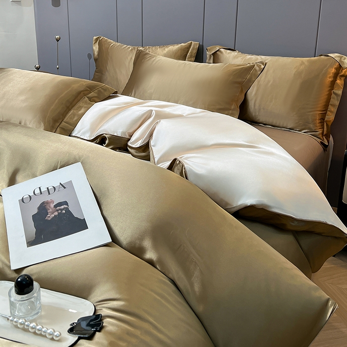 91家纺网 家纺一手货源 找家纺 合纵跨境工厂 新款水洗真丝纯色四件套跨境外贸JIT一件代发TEMU亚马逊希音包过核价冰丝床单款床笠款四件套 香槟拼米