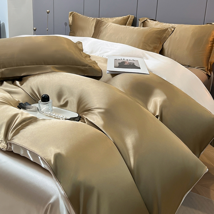 91家纺网 家纺一手货源 找家纺 合纵跨境工厂 新款水洗真丝纯色四件套跨境外贸JIT一件代发TEMU亚马逊希音包过核价冰丝床单款床笠款四件套 香槟拼米