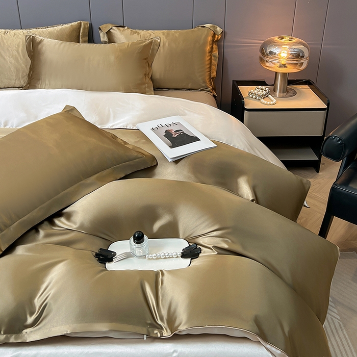 91家纺网 家纺一手货源 找家纺 合纵跨境工厂 新款水洗真丝纯色四件套跨境外贸JIT一件代发TEMU亚马逊希音包过核价冰丝床单款床笠款四件套 香槟拼米