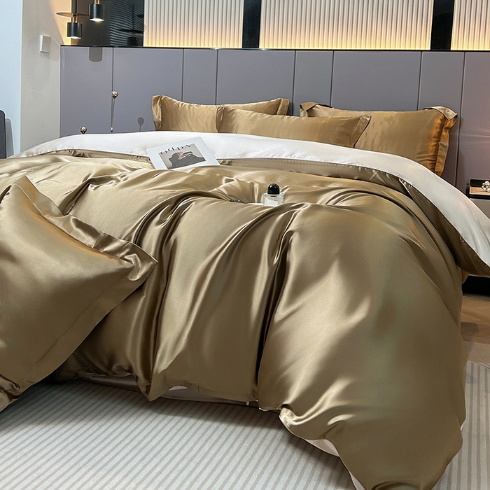 91家纺网 家纺一手货源 找家纺 合纵跨境工厂 新款水洗真丝纯色四件套跨境外贸JIT一件代发TEMU亚马逊希音包过核价冰丝床单款床笠款四件套 香槟拼米