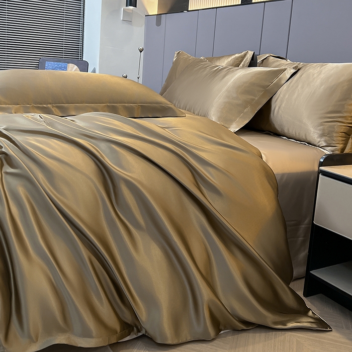 91家纺网 家纺一手货源 找家纺 合纵跨境工厂 新款水洗真丝纯色四件套跨境外贸JIT一件代发TEMU亚马逊希音包过核价冰丝床单款床笠款四件套 香槟拼米