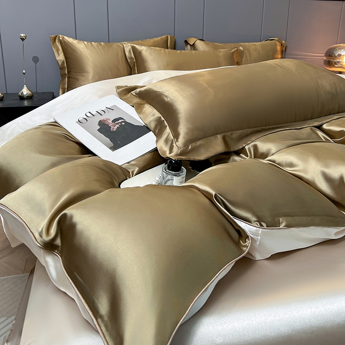 91家纺网 家纺一手货源 找家纺 合纵跨境工厂 新款水洗真丝纯色四件套跨境外贸JIT一件代发TEMU亚马逊希音包过核价冰丝床单款床笠款四件套 香槟拼米