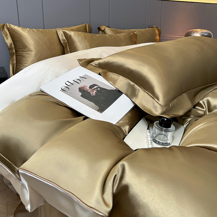 91家纺网 家纺一手货源 找家纺 合纵跨境工厂 新款水洗真丝纯色四件套跨境外贸JIT一件代发TEMU亚马逊希音包过核价冰丝床单款床笠款四件套 香槟拼米