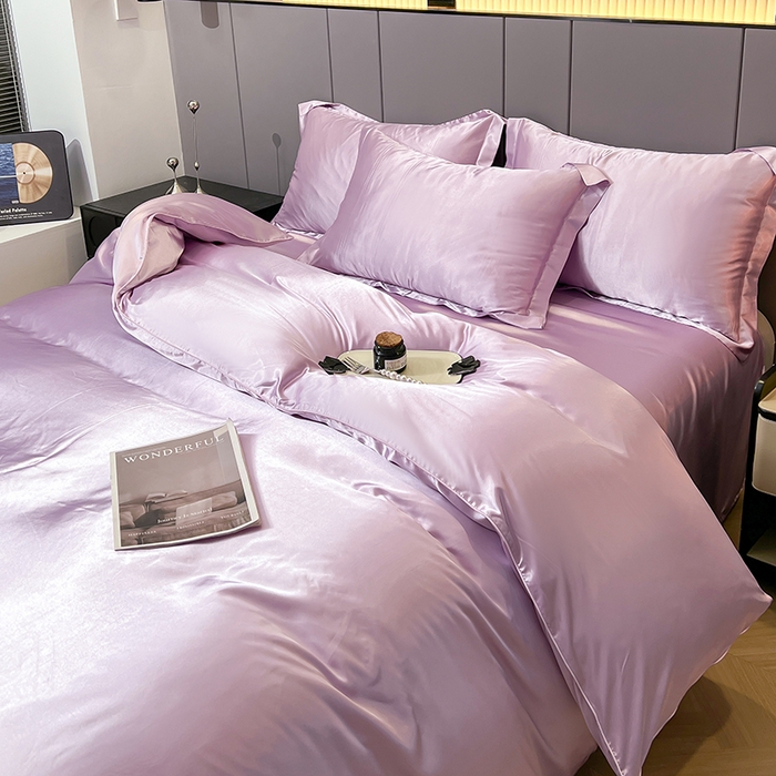 91家纺网 家纺一手货源 找家纺 合纵跨境工厂 新款水洗真丝纯色四件套跨境外贸JIT一件代发TEMU亚马逊希音包过核价冰丝床单款床笠款四件套 香芋紫