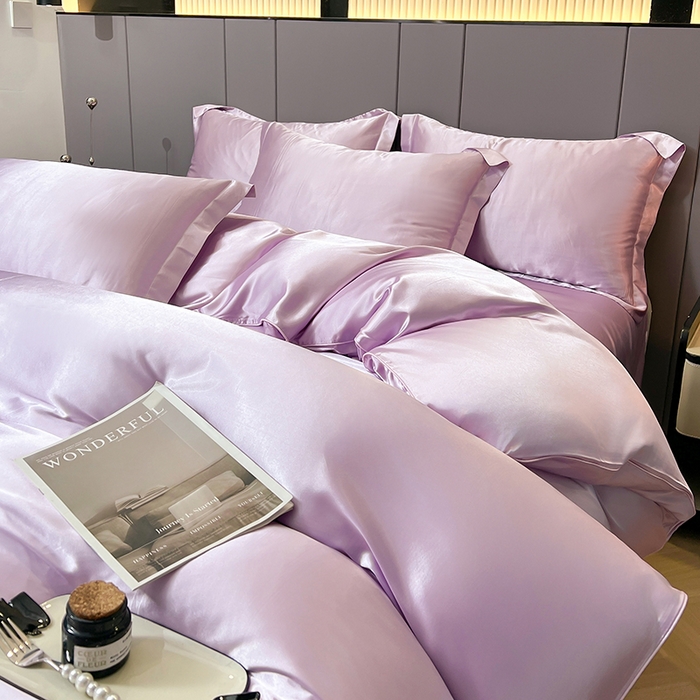 91家纺网 家纺一手货源 找家纺 合纵跨境工厂 新款水洗真丝纯色四件套跨境外贸JIT一件代发TEMU亚马逊希音包过核价冰丝床单款床笠款四件套 香芋紫