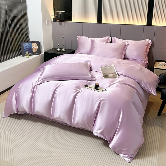 91家纺网 家纺一手货源 找家纺 合纵跨境工厂 新款水洗真丝纯色四件套跨境外贸JIT一件代发TEMU亚马逊希音包过核价冰丝床单款床笠款四件套 香芋紫