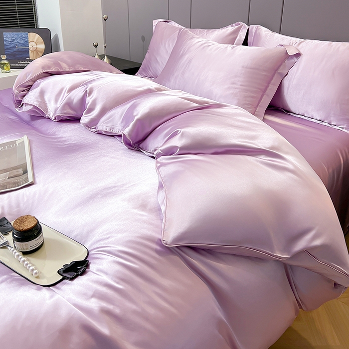 91家纺网 家纺一手货源 找家纺 合纵跨境工厂 新款水洗真丝纯色四件套跨境外贸JIT一件代发TEMU亚马逊希音包过核价冰丝床单款床笠款四件套 香芋紫