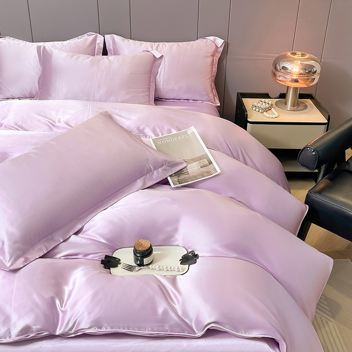 91家纺网 家纺一手货源 找家纺 合纵跨境工厂 新款水洗真丝纯色四件套跨境外贸JIT一件代发TEMU亚马逊希音包过核价冰丝床单款床笠款四件套 香芋紫