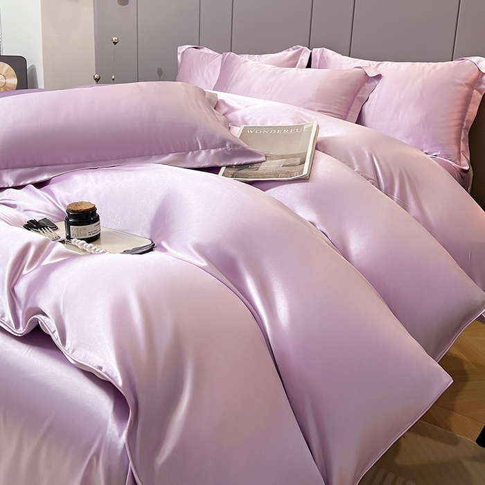 91家纺网 家纺一手货源 找家纺 合纵跨境工厂 新款水洗真丝纯色四件套跨境外贸JIT一件代发TEMU亚马逊希音包过核价冰丝床单款床笠款四件套 香芋紫