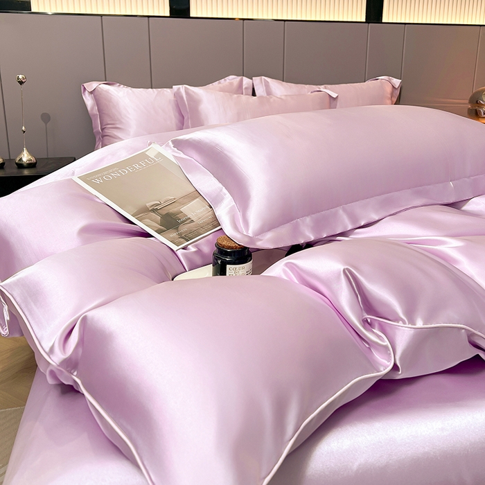 91家纺网 家纺一手货源 找家纺 合纵跨境工厂 新款水洗真丝纯色四件套跨境外贸JIT一件代发TEMU亚马逊希音包过核价冰丝床单款床笠款四件套 香芋紫