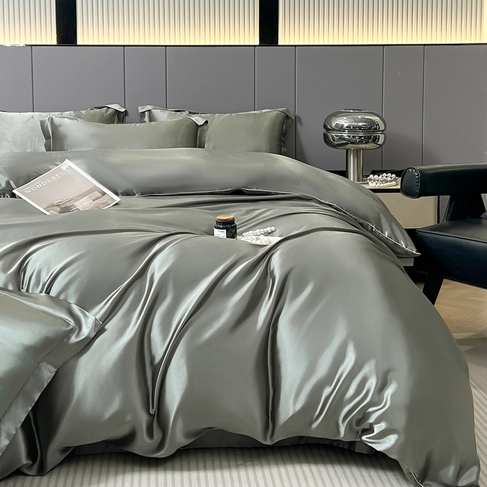 91家纺网 家纺一手货源 找家纺 合纵跨境工厂 新款水洗真丝纯色四件套跨境外贸JIT一件代发TEMU亚马逊希音包过核价冰丝床单款床笠款四件套 银灰