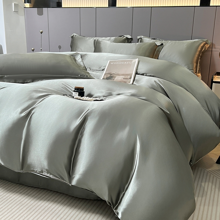 91家纺网 家纺一手货源 找家纺 合纵跨境工厂 新款水洗真丝纯色四件套跨境外贸JIT一件代发TEMU亚马逊希音包过核价冰丝床单款床笠款四件套 银灰