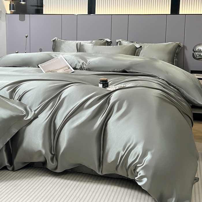 91家纺网 家纺一手货源 找家纺 合纵跨境工厂 新款水洗真丝纯色四件套跨境外贸JIT一件代发TEMU亚马逊希音包过核价冰丝床单款床笠款四件套 银灰