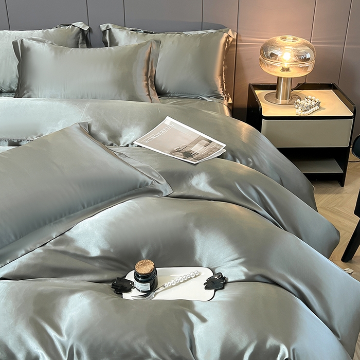 91家纺网 家纺一手货源 找家纺 合纵跨境工厂 新款水洗真丝纯色四件套跨境外贸JIT一件代发TEMU亚马逊希音包过核价冰丝床单款床笠款四件套 银灰