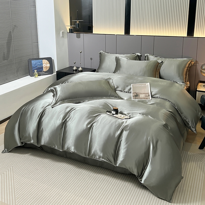91家纺网 家纺一手货源 找家纺 合纵跨境工厂 新款水洗真丝纯色四件套跨境外贸JIT一件代发TEMU亚马逊希音包过核价冰丝床单款床笠款四件套 银灰