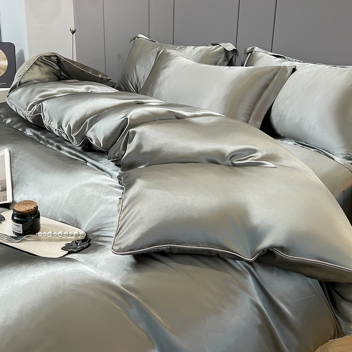 91家纺网 家纺一手货源 找家纺 合纵跨境工厂 新款水洗真丝纯色四件套跨境外贸JIT一件代发TEMU亚马逊希音包过核价冰丝床单款床笠款四件套 银灰