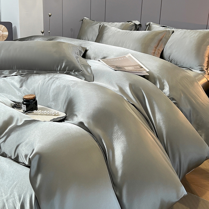 91家纺网 家纺一手货源 找家纺 合纵跨境工厂 新款水洗真丝纯色四件套跨境外贸JIT一件代发TEMU亚马逊希音包过核价冰丝床单款床笠款四件套 银灰