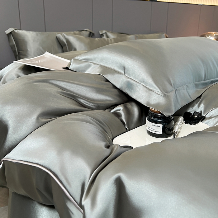 91家纺网 家纺一手货源 找家纺 合纵跨境工厂 新款水洗真丝纯色四件套跨境外贸JIT一件代发TEMU亚马逊希音包过核价冰丝床单款床笠款四件套 银灰