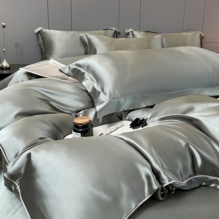 91家纺网 家纺一手货源 找家纺 合纵跨境工厂 新款水洗真丝纯色四件套跨境外贸JIT一件代发TEMU亚马逊希音包过核价冰丝床单款床笠款四件套 银灰