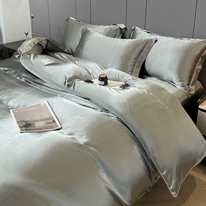 91家纺网 家纺一手货源 找家纺 合纵跨境工厂 新款水洗真丝纯色四件套跨境外贸JIT一件代发TEMU亚马逊希音包过核价冰丝床单款床笠款四件套 银灰