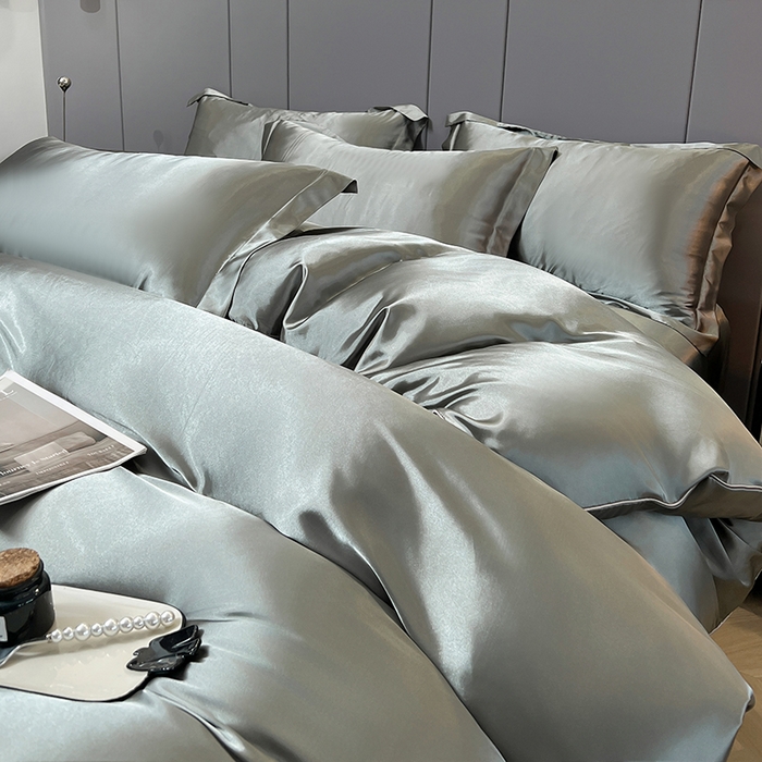 91家纺网 家纺一手货源 找家纺 合纵跨境工厂 新款水洗真丝纯色四件套跨境外贸JIT一件代发TEMU亚马逊希音包过核价冰丝床单款床笠款四件套 银灰