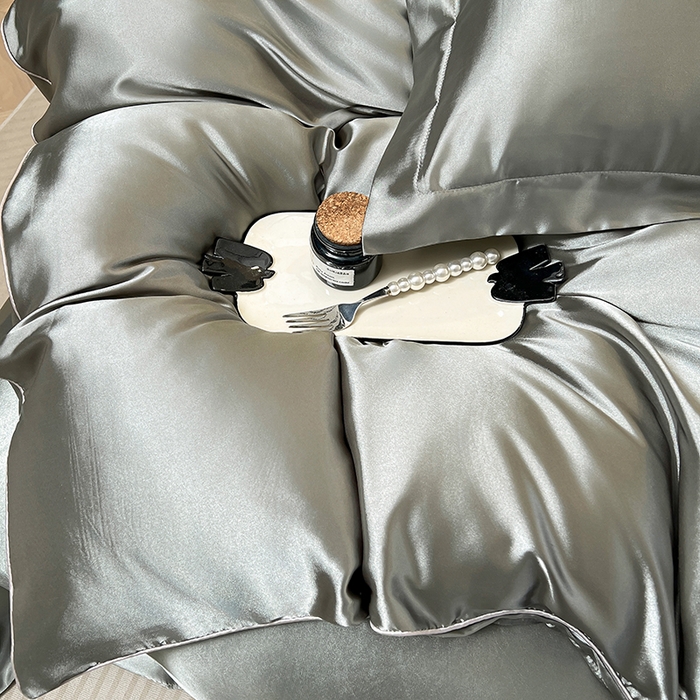 91家纺网 家纺一手货源 找家纺 合纵跨境工厂 新款水洗真丝纯色四件套跨境外贸JIT一件代发TEMU亚马逊希音包过核价冰丝床单款床笠款四件套 银灰