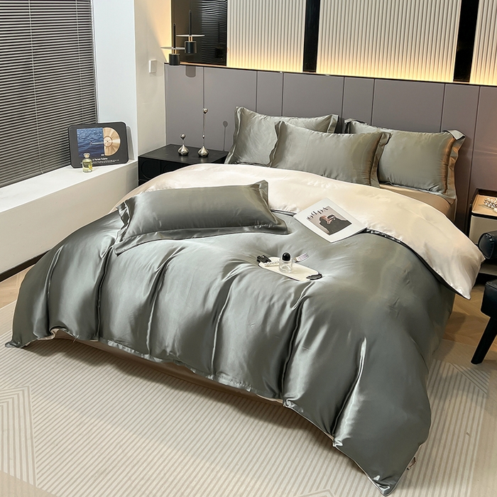 91家纺网 家纺一手货源 找家纺 合纵跨境工厂 新款水洗真丝纯色四件套跨境外贸JIT一件代发TEMU亚马逊希音包过核价冰丝床单款床笠款四件套 银灰拼米