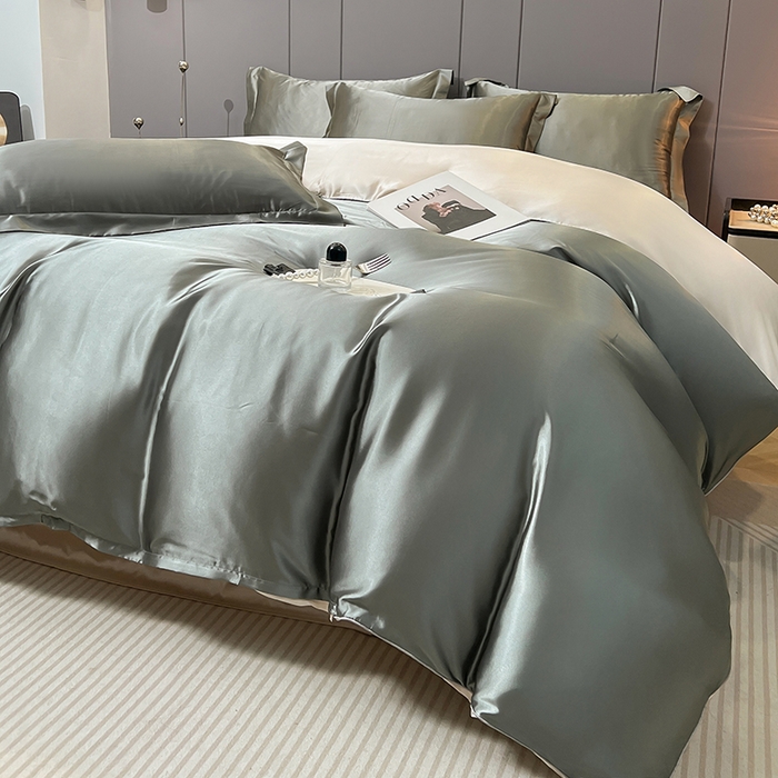 91家纺网 家纺一手货源 找家纺 合纵跨境工厂 新款水洗真丝纯色四件套跨境外贸JIT一件代发TEMU亚马逊希音包过核价冰丝床单款床笠款四件套 银灰拼米