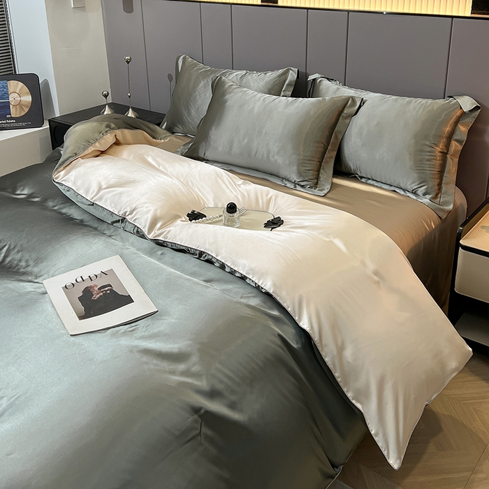 91家纺网 家纺一手货源 找家纺 合纵跨境工厂 新款水洗真丝纯色四件套跨境外贸JIT一件代发TEMU亚马逊希音包过核价冰丝床单款床笠款四件套 银灰拼米