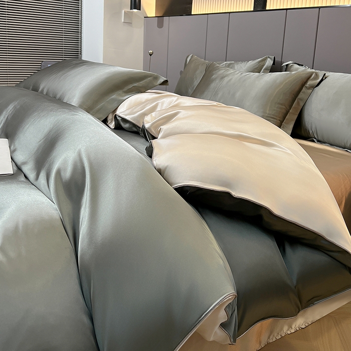 91家纺网 家纺一手货源 找家纺 合纵跨境工厂 新款水洗真丝纯色四件套跨境外贸JIT一件代发TEMU亚马逊希音包过核价冰丝床单款床笠款四件套 银灰拼米