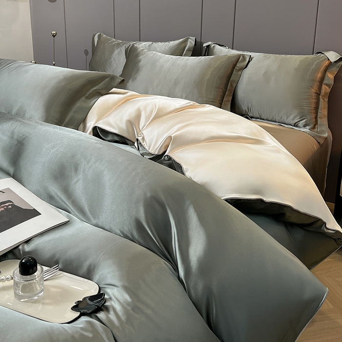 91家纺网 家纺一手货源 找家纺 合纵跨境工厂 新款水洗真丝纯色四件套跨境外贸JIT一件代发TEMU亚马逊希音包过核价冰丝床单款床笠款四件套 银灰拼米