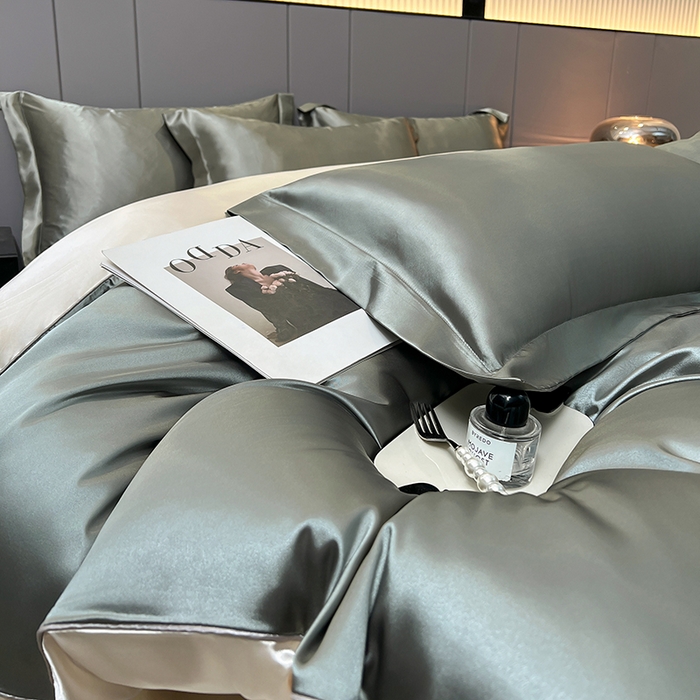 91家纺网 家纺一手货源 找家纺 合纵跨境工厂 新款水洗真丝纯色四件套跨境外贸JIT一件代发TEMU亚马逊希音包过核价冰丝床单款床笠款四件套 银灰拼米