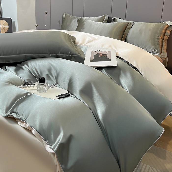 91家纺网 家纺一手货源 找家纺 合纵跨境工厂 新款水洗真丝纯色四件套跨境外贸JIT一件代发TEMU亚马逊希音包过核价冰丝床单款床笠款四件套 银灰拼米