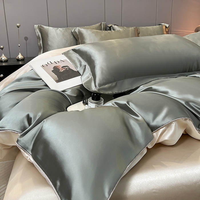 91家纺网 家纺一手货源 找家纺 合纵跨境工厂 新款水洗真丝纯色四件套跨境外贸JIT一件代发TEMU亚马逊希音包过核价冰丝床单款床笠款四件套 银灰拼米