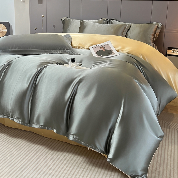 91家纺网 家纺一手货源 找家纺 合纵跨境工厂 新款水洗真丝纯色四件套跨境外贸JIT一件代发TEMU亚马逊希音包过核价冰丝床单款床笠款四件套 银灰驼