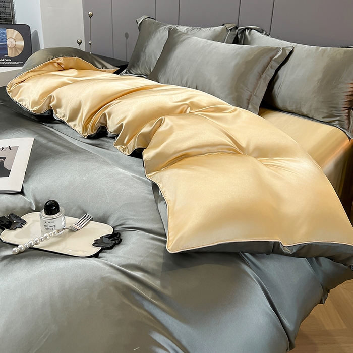 91家纺网 家纺一手货源 找家纺 合纵跨境工厂 新款水洗真丝纯色四件套跨境外贸JIT一件代发TEMU亚马逊希音包过核价冰丝床单款床笠款四件套 银灰驼