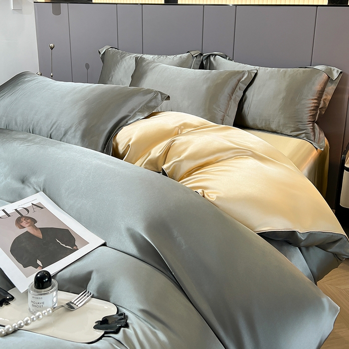 91家纺网 家纺一手货源 找家纺 合纵跨境工厂 新款水洗真丝纯色四件套跨境外贸JIT一件代发TEMU亚马逊希音包过核价冰丝床单款床笠款四件套 银灰驼