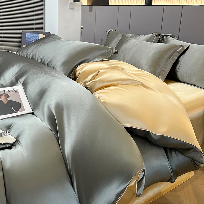 91家纺网 家纺一手货源 找家纺 合纵跨境工厂 新款水洗真丝纯色四件套跨境外贸JIT一件代发TEMU亚马逊希音包过核价冰丝床单款床笠款四件套 银灰驼