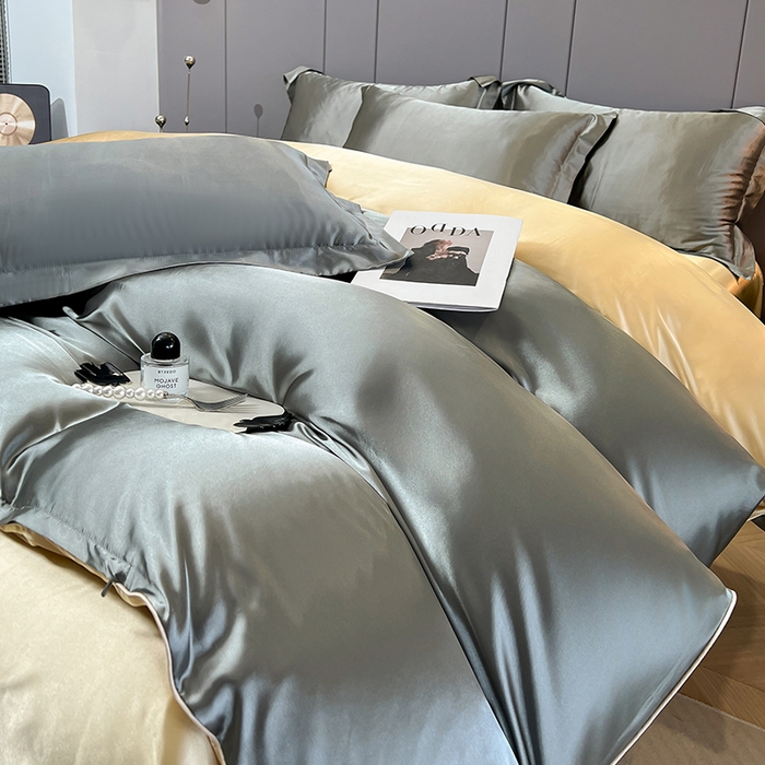 91家纺网 家纺一手货源 找家纺 合纵跨境工厂 新款水洗真丝纯色四件套跨境外贸JIT一件代发TEMU亚马逊希音包过核价冰丝床单款床笠款四件套 银灰驼