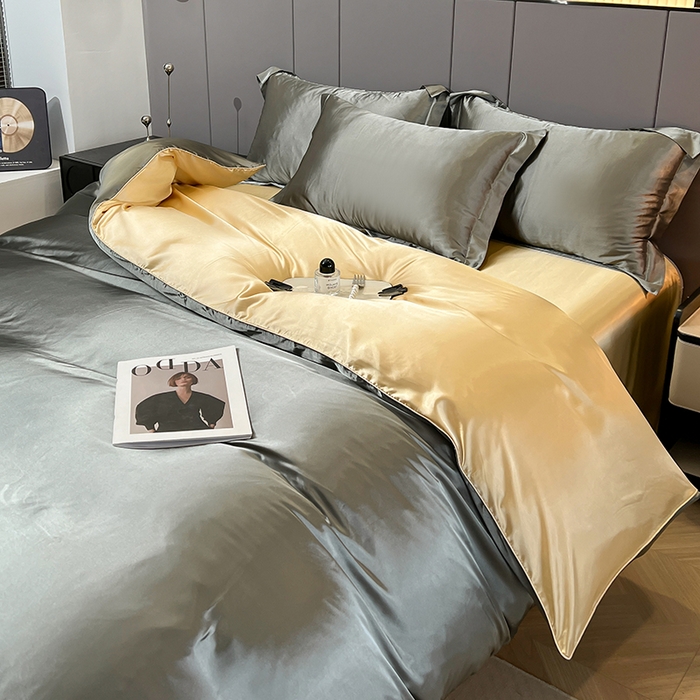 91家纺网 家纺一手货源 找家纺 合纵跨境工厂 新款水洗真丝纯色四件套跨境外贸JIT一件代发TEMU亚马逊希音包过核价冰丝床单款床笠款四件套 银灰驼