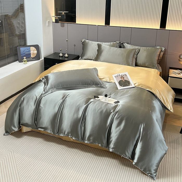 91家纺网 家纺一手货源 找家纺 合纵跨境工厂 新款水洗真丝纯色四件套跨境外贸JIT一件代发TEMU亚马逊希音包过核价冰丝床单款床笠款四件套 银灰驼