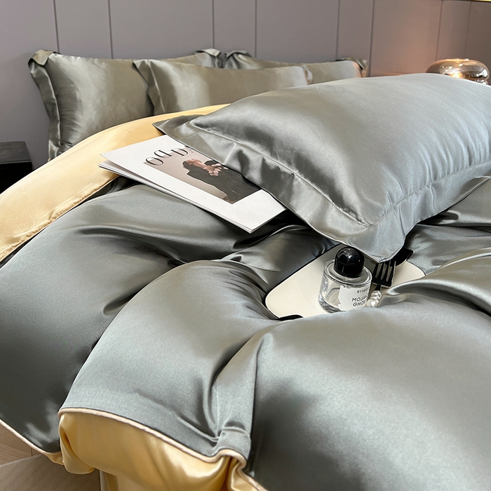 91家纺网 家纺一手货源 找家纺 合纵跨境工厂 新款水洗真丝纯色四件套跨境外贸JIT一件代发TEMU亚马逊希音包过核价冰丝床单款床笠款四件套 银灰驼