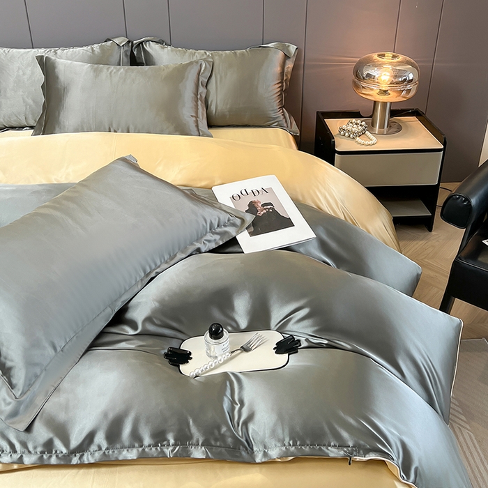 91家纺网 家纺一手货源 找家纺 合纵跨境工厂 新款水洗真丝纯色四件套跨境外贸JIT一件代发TEMU亚马逊希音包过核价冰丝床单款床笠款四件套 银灰驼