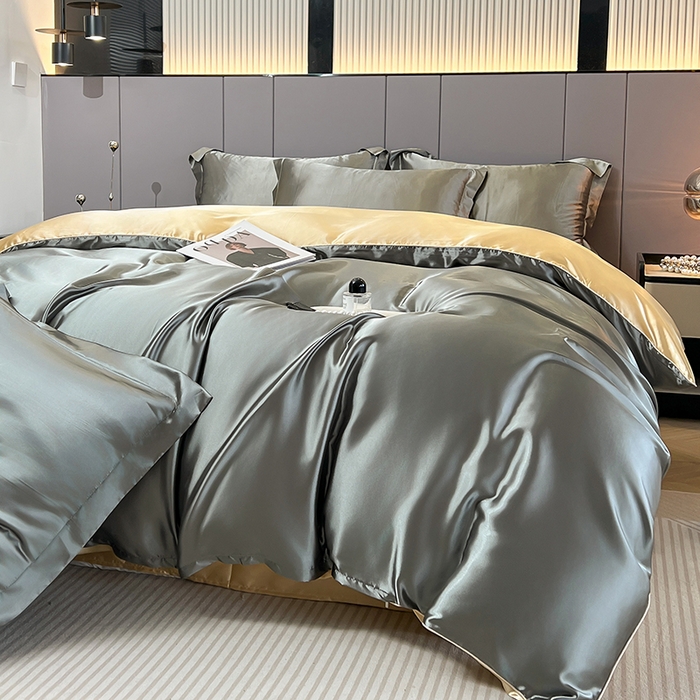 91家纺网 家纺一手货源 找家纺 合纵跨境工厂 新款水洗真丝纯色四件套跨境外贸JIT一件代发TEMU亚马逊希音包过核价冰丝床单款床笠款四件套 银灰驼