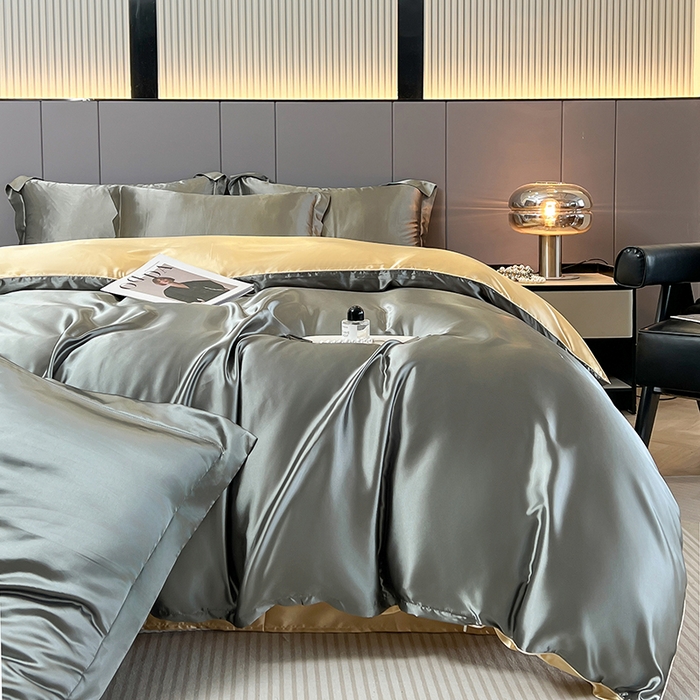 91家纺网 家纺一手货源 找家纺 合纵跨境工厂 新款水洗真丝纯色四件套跨境外贸JIT一件代发TEMU亚马逊希音包过核价冰丝床单款床笠款四件套 银灰驼