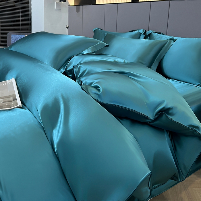 91家纺网 家纺一手货源 找家纺 合纵跨境工厂 新款水洗真丝纯色四件套跨境外贸JIT一件代发TEMU亚马逊希音包过核价冰丝床单款床笠款四件套 月光蓝